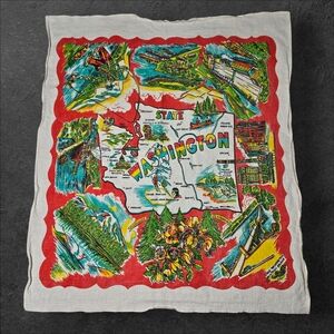 Vintage Map Of Washington State Souvenir Tablecloth 40s 50s Art 31x36"